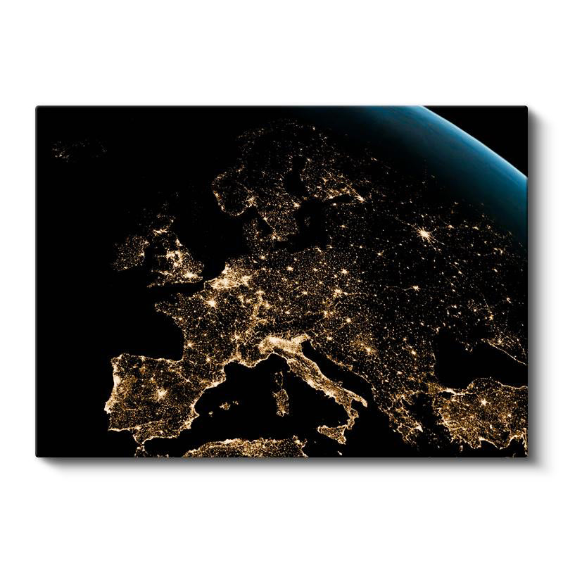Yatay Kanvas Tablo Gece Dünya Haritası Ve Şehir Işıkları Manzara Tablosu Ev Ofis Duvar Dekoru