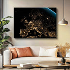 Yatay Kanvas Tablo Gece Dünya Haritası Ve Şehir Işıkları Manzara Tablosu Ev Ofis Duvar Dekoru