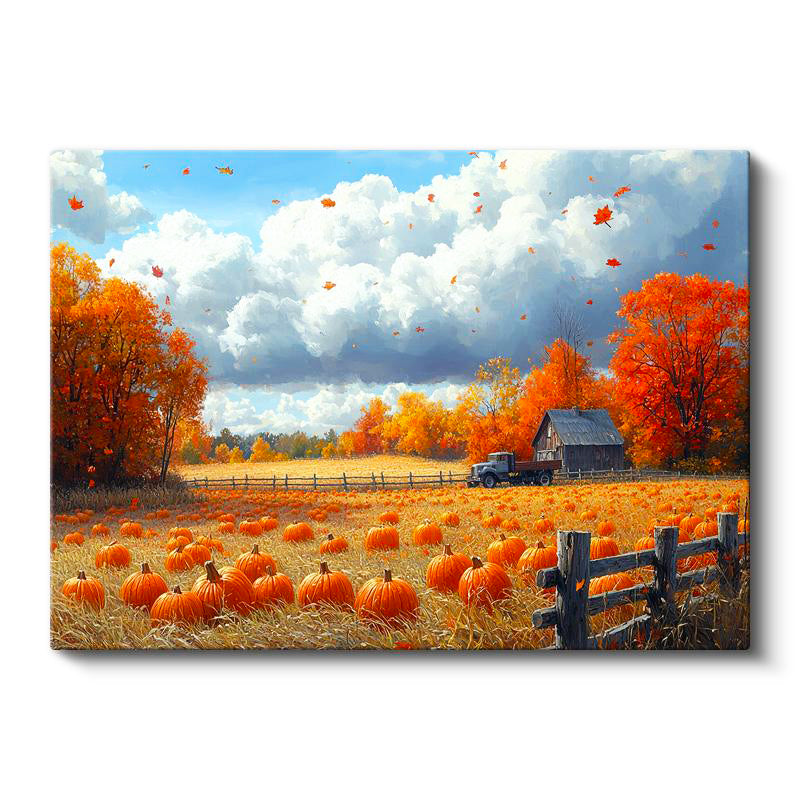 Yatay Kanvas Tablo Sonbahar Hasat Zamanı ve Çiftlik Evi Manzara Tablosu Ev Ofis Duvar Dekoru