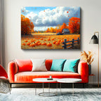 Yatay Kanvas Tablo Sonbahar Hasat Zamanı ve Çiftlik Evi Manzara Tablosu Ev Ofis Duvar Dekoru