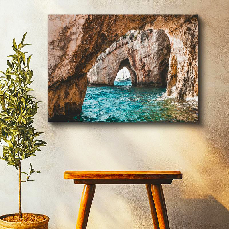 Yatay Kanvas Tablo Doğal Taş Kemer ve Deniz Mağarası Manzara Tablosu Ev Ofis Duvar Dekoru