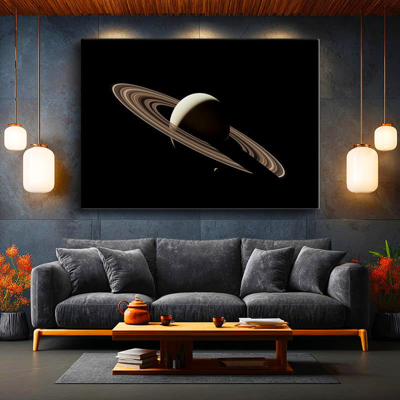 Yatay Kanvas Tablo Satürn Gezegeni ve İnce Halka Çizgisi Manzara Tablosu Ev Ofis Duvar Dekoru