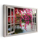 Yatay Kanvas Tablo Pencere Önü Pembe Çiçekli Göl Manzara Ve Doğa Tablosu Ev Ofis Duvar Dekoru