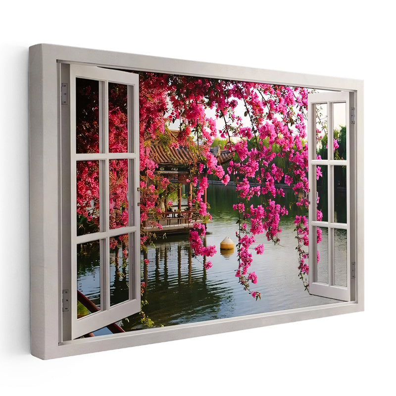 Yatay Kanvas Tablo Pencere Önü Pembe Çiçekli Göl Manzara Ve Doğa Tablosu Ev Ofis Duvar Dekoru