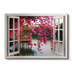 Yatay Kanvas Tablo Pencere Önü Pembe Çiçekli Göl Manzara Ve Doğa Tablosu Ev Ofis Duvar Dekoru