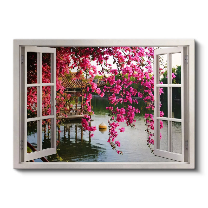 Yatay Kanvas Tablo Pencere Önü Pembe Çiçekli Göl Manzara Ve Doğa Tablosu Ev Ofis Duvar Dekoru