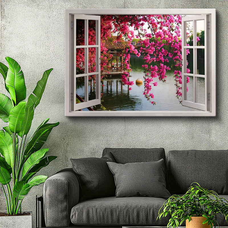 Yatay Kanvas Tablo Pencere Önü Pembe Çiçekli Göl Manzara Ve Doğa Tablosu Ev Ofis Duvar Dekoru