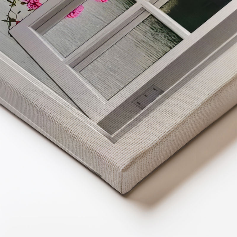 Yatay Kanvas Tablo Pencere Önü Pembe Çiçekli Göl Manzara Ve Doğa Tablosu Ev Ofis Duvar Dekoru