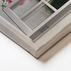 Yatay Kanvas Tablo Pencere Önü Pembe Çiçekli Göl Manzara Ve Doğa Tablosu Ev Ofis Duvar Dekoru