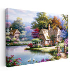 Yatay Kanvas Tablo Bahçeli Taş Ev ve Kuğular Manzara Ve Doğa Tablosu Ev Ofis Duvar Dekoru