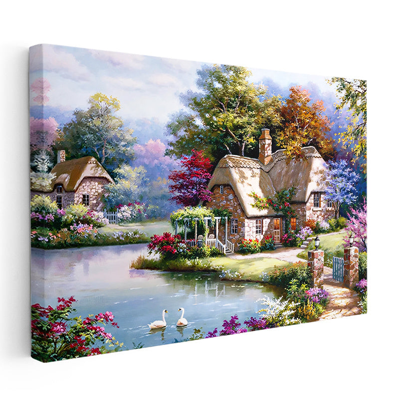 Yatay Kanvas Tablo Bahçeli Taş Ev ve Kuğular Manzara Ve Doğa Tablosu Ev Ofis Duvar Dekoru