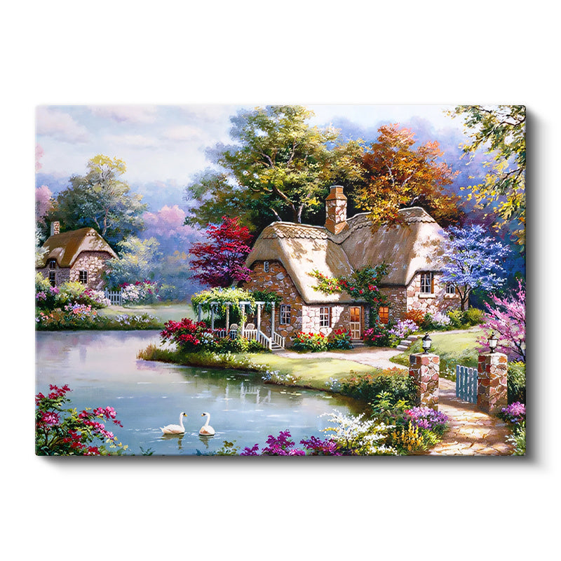 Yatay Kanvas Tablo Bahçeli Taş Ev ve Kuğular Manzara Ve Doğa Tablosu Ev Ofis Duvar Dekoru