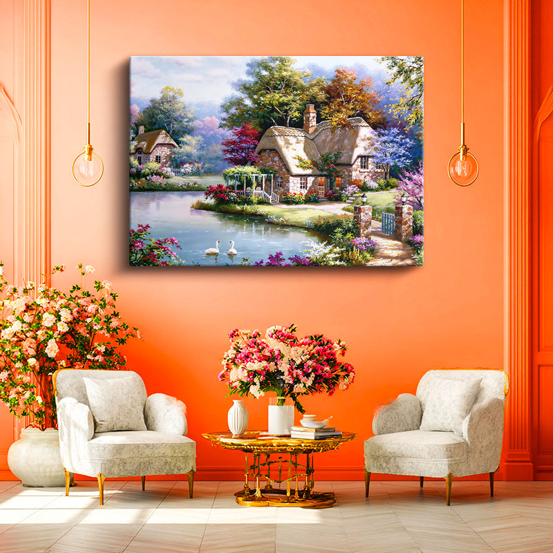 Yatay Kanvas Tablo Bahçeli Taş Ev ve Kuğular Manzara Ve Doğa Tablosu Ev Ofis Duvar Dekoru