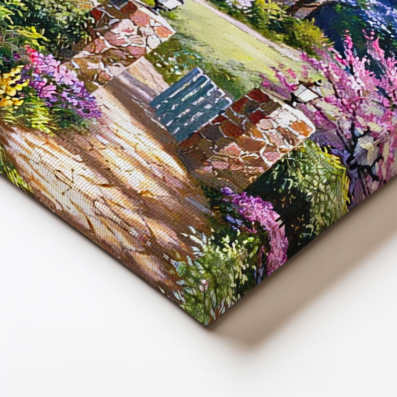 Yatay Kanvas Tablo Bahçeli Taş Ev ve Kuğular Manzara Ve Doğa Tablosu Ev Ofis Duvar Dekoru