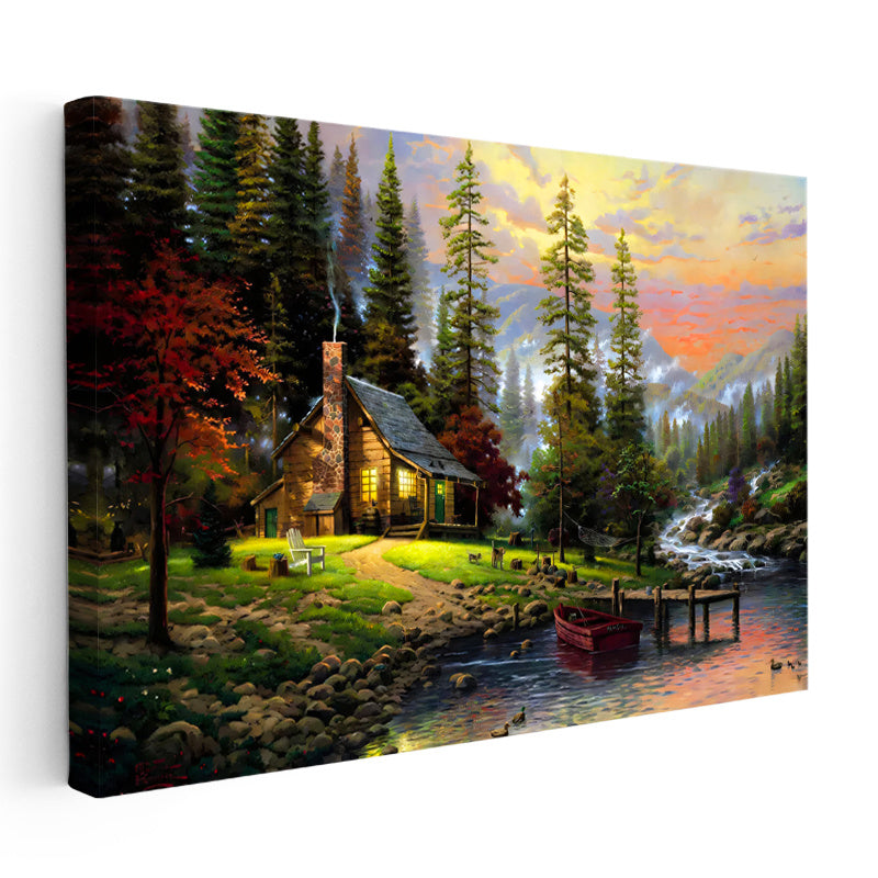 Yatay Kanvas Tablo Akarsu Kenarı Orman Evi Manzara Ve Doğa Tablosu Ev Ofis Duvar Dekoru