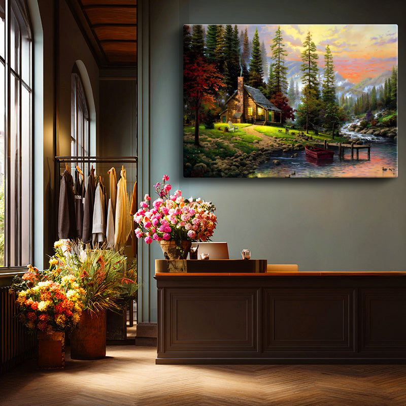 Yatay Kanvas Tablo Akarsu Kenarı Orman Evi Manzara Ve Doğa Tablosu Ev Ofis Duvar Dekoru