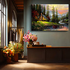 Yatay Kanvas Tablo Akarsu Kenarı Orman Evi Manzara Ve Doğa Tablosu Ev Ofis Duvar Dekoru