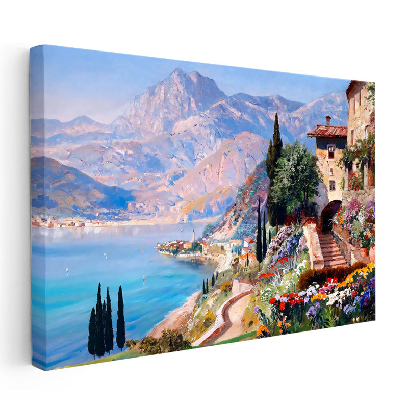 Yatay Kanvas Tablo Dağ Manzaralı Çiçekli Kasaba Manzara Ve Doğa Tablosu Ev Ofis Duvar Dekoru