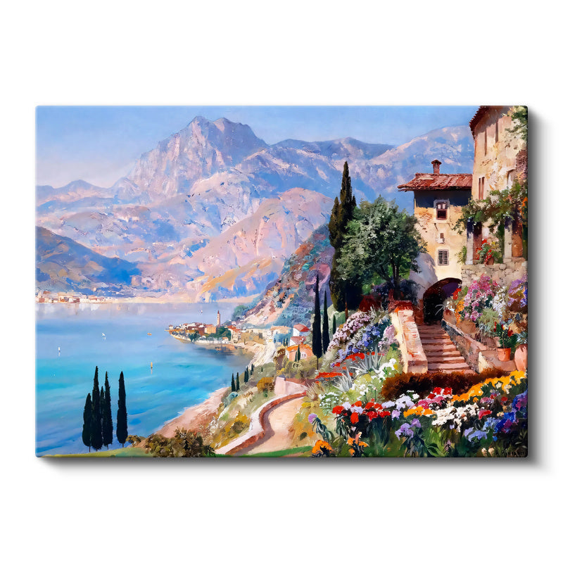 Yatay Kanvas Tablo Dağ Manzaralı Çiçekli Kasaba Manzara Ve Doğa Tablosu Ev Ofis Duvar Dekoru