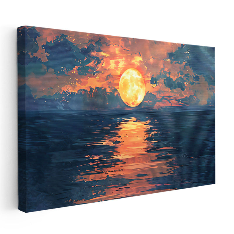 Yatay Kanvas Tablo Deniz Üzerinde Büyük Turuncu Ay Manzara Ve Doğa Tablosu Ev Ofis Duvar Dekoru