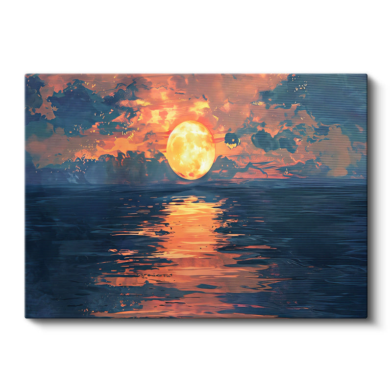 Yatay Kanvas Tablo Deniz Üzerinde Büyük Turuncu Ay Manzara Ve Doğa Tablosu Ev Ofis Duvar Dekoru