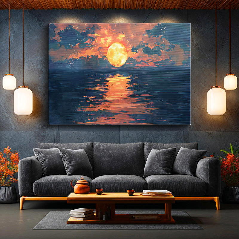 Yatay Kanvas Tablo Deniz Üzerinde Büyük Turuncu Ay Manzara Ve Doğa Tablosu Ev Ofis Duvar Dekoru
