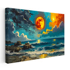 Yatay Kanvas Tablo Turuncu Ay ve Dalgalı Deniz Manzara Ve Doğa Tablosu Ev Ofis Duvar Dekoru