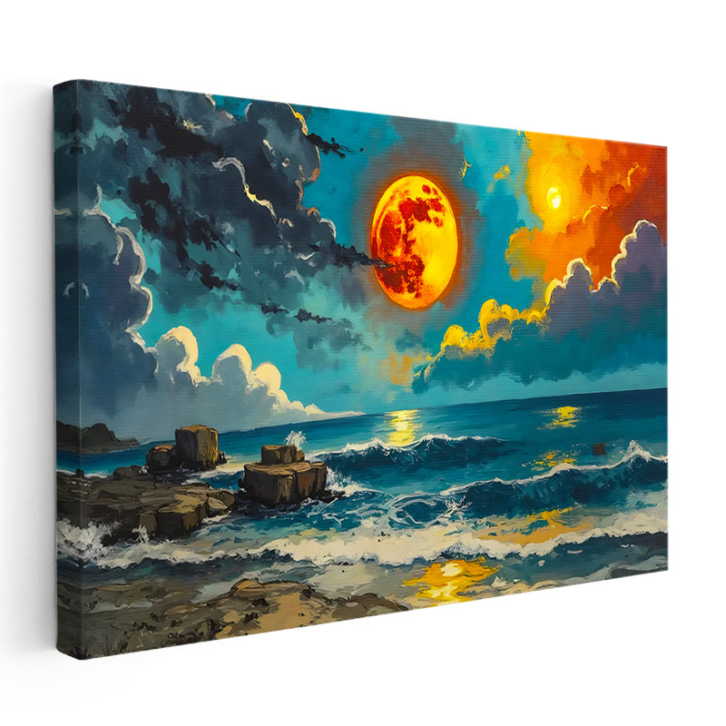 Yatay Kanvas Tablo Turuncu Ay ve Dalgalı Deniz Manzara Ve Doğa Tablosu Ev Ofis Duvar Dekoru