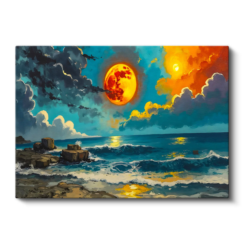 Yatay Kanvas Tablo Turuncu Ay ve Dalgalı Deniz Manzara Ve Doğa Tablosu Ev Ofis Duvar Dekoru