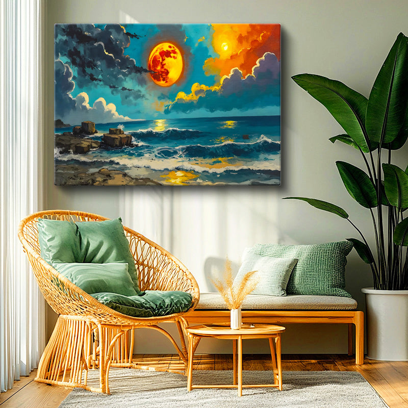 Yatay Kanvas Tablo Turuncu Ay ve Dalgalı Deniz Manzara Ve Doğa Tablosu Ev Ofis Duvar Dekoru