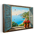 Yatay Kanvas Tablo Mavi Panjurlu Pencere ve Sahil Manzara Ve Doğa Tablosu Ev Ofis Duvar Dekoru