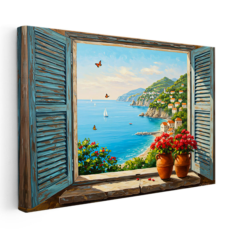 Yatay Kanvas Tablo Mavi Panjurlu Pencere ve Sahil Manzara Ve Doğa Tablosu Ev Ofis Duvar Dekoru