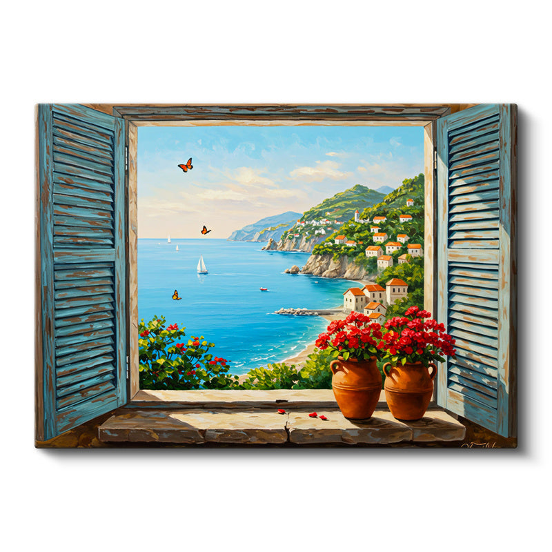 Yatay Kanvas Tablo Mavi Panjurlu Pencere ve Sahil Manzara Ve Doğa Tablosu Ev Ofis Duvar Dekoru