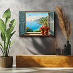 Yatay Kanvas Tablo Mavi Panjurlu Pencere ve Sahil Manzara Ve Doğa Tablosu Ev Ofis Duvar Dekoru