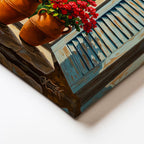 Yatay Kanvas Tablo Mavi Panjurlu Pencere ve Sahil Manzara Ve Doğa Tablosu Ev Ofis Duvar Dekoru