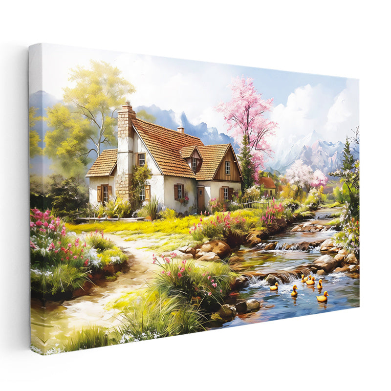 Yatay Kanvas Tablo Çiçekli Bahar Evi ve Dere Manzara Ve Doğa Tablosu Ev Ofis Duvar Dekoru