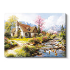Yatay Kanvas Tablo Çiçekli Bahar Evi ve Dere Manzara Ve Doğa Tablosu Ev Ofis Duvar Dekoru