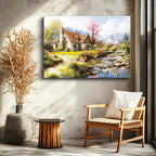 Yatay Kanvas Tablo Çiçekli Bahar Evi ve Dere Manzara Ve Doğa Tablosu Ev Ofis Duvar Dekoru
