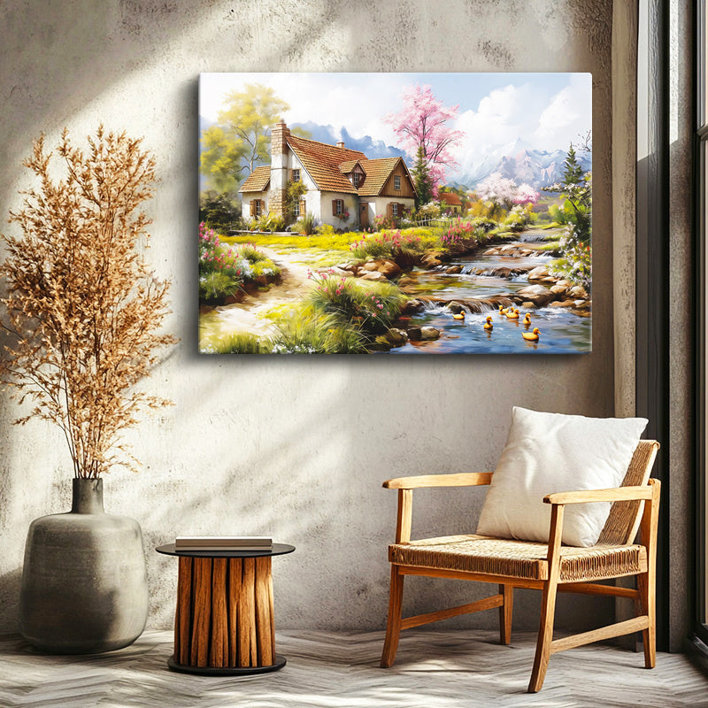 Yatay Kanvas Tablo Çiçekli Bahar Evi ve Dere Manzara Ve Doğa Tablosu Ev Ofis Duvar Dekoru