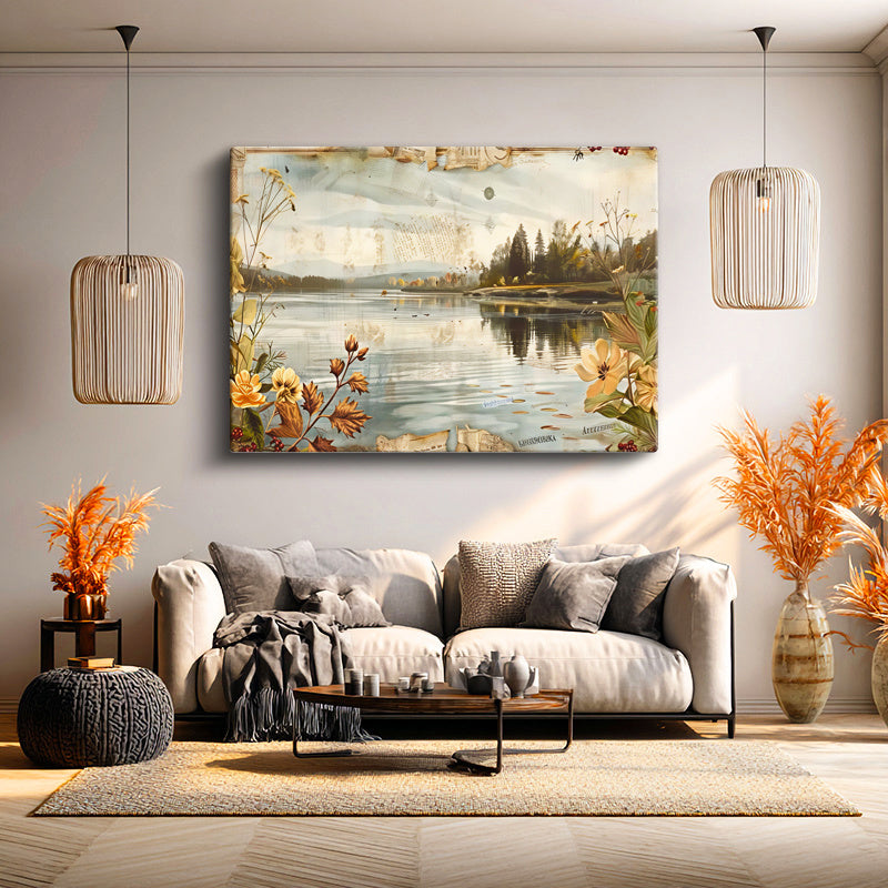 Yatay Kanvas Tablo Göl Kenarı Kıyı Çiçekleri Manzara Ve Doğa Tablosu Ev Ofis Duvar Dekoru