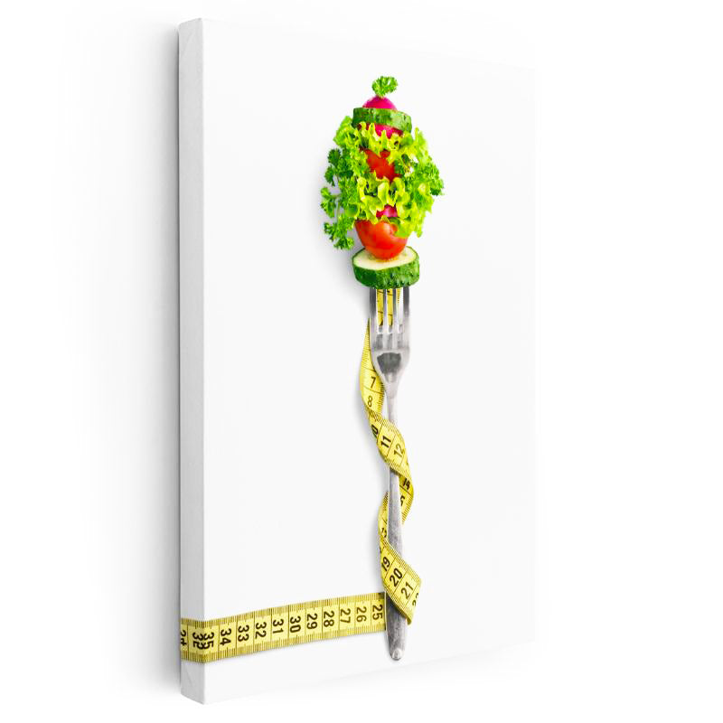 Dikey Kanvas Tablo Çatala Sarılı Mezura Ve Sebze Diyetisyen Tablosu Ev Ofis Duvar Dekoru