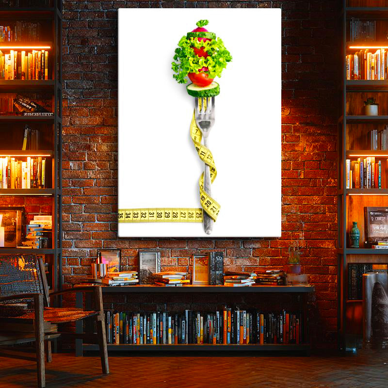 Dikey Kanvas Tablo Çatala Sarılı Mezura Ve Sebze Diyetisyen Tablosu Ev Ofis Duvar Dekoru