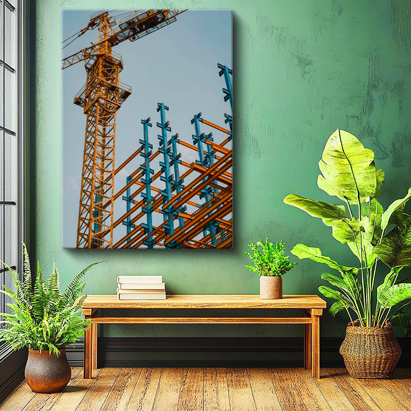 Dikey Kanvas Tablo Sarı Vinç Ve Çelik İskelet İnşaat Mühendisi Tablosu Ev Ofis Duvar Dekoru