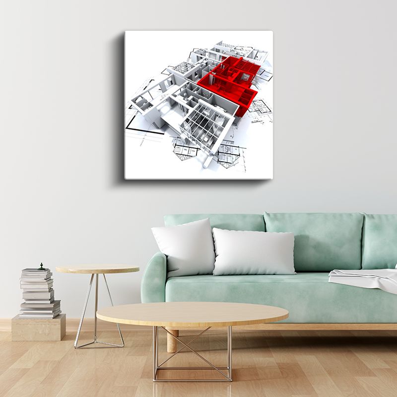 Mimar - Kırmızı Vurgulu Proje Tasarımı Kanvas Tablo