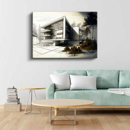 Mimar - Şık Ofis Binası Çizimi Kanvas Tablo