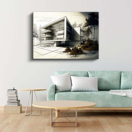 Mimar - Şık Ofis Binası Çizimi Kanvas Tablo