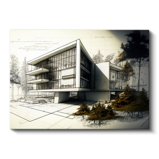 Mimar - Şık Ofis Binası Çizimi Kanvas Tablo