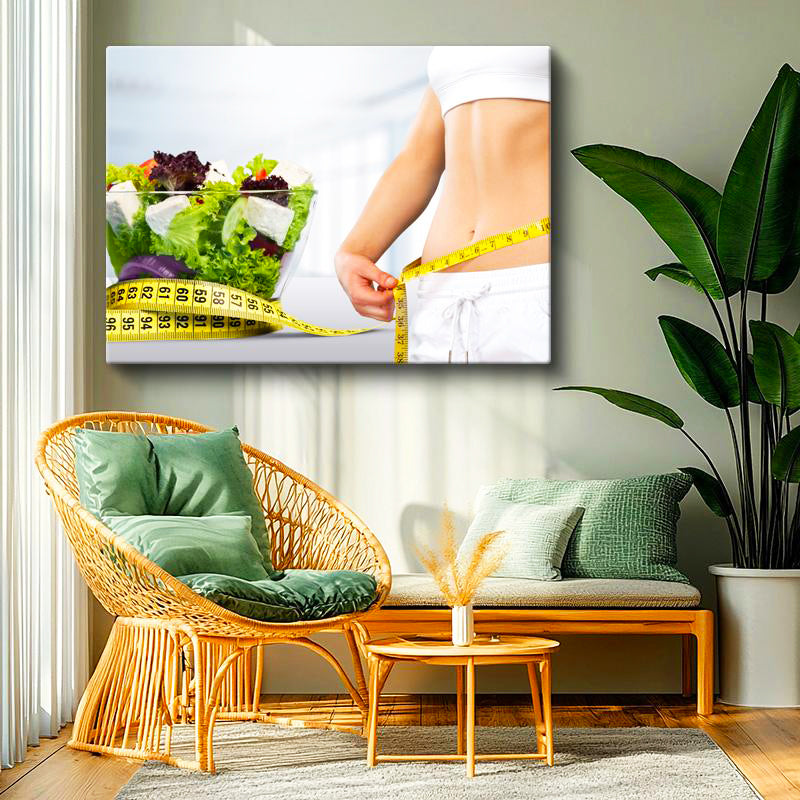 Yatay Kanvas Tablo Bel Ölçümü Ve Taze Salata Diyetisyen Tablosu Ev Ofis Duvar Dekoru