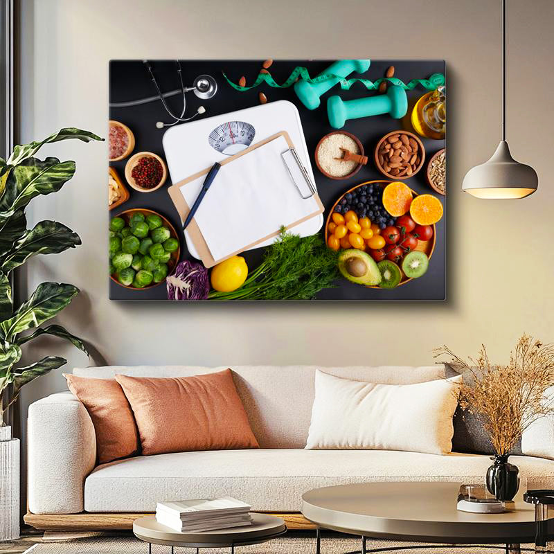 Yatay Kanvas Tablo Tartı Ve Besin Değerleri Konsepti Diyetisyen Tablosu Ev Ofis Duvar Dekoru