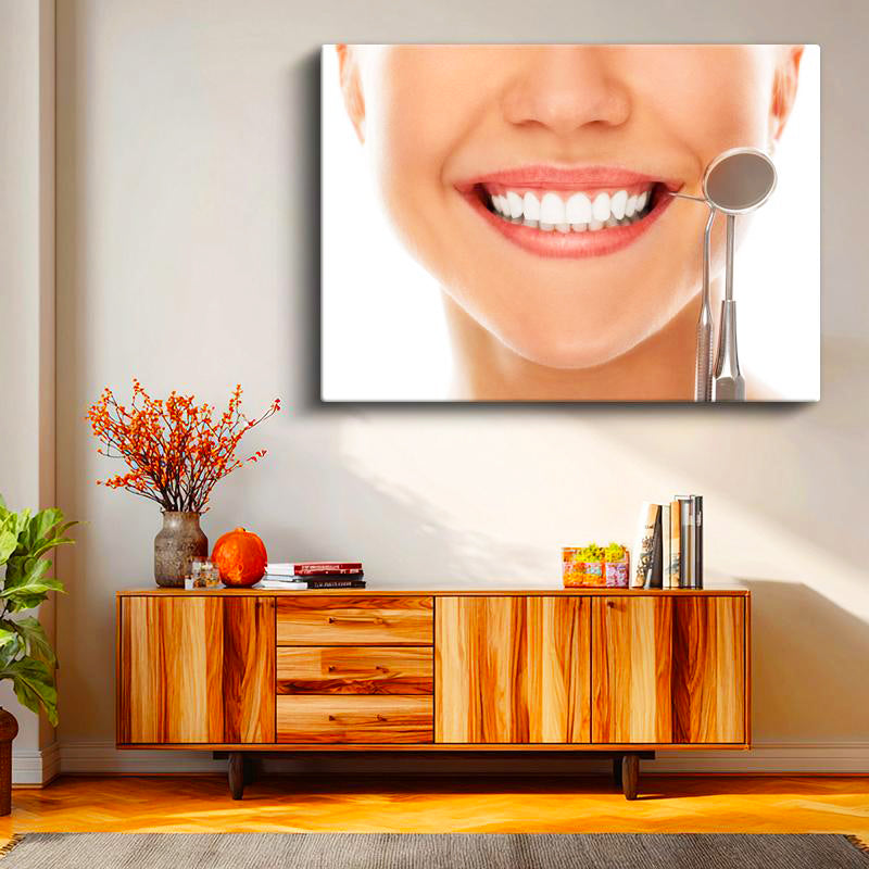 Yatay Kanvas Tablo Diş Aynası İle Gülüş Kontrolü Diş Hekimi Tablosu Ev Ofis Duvar Dekoru